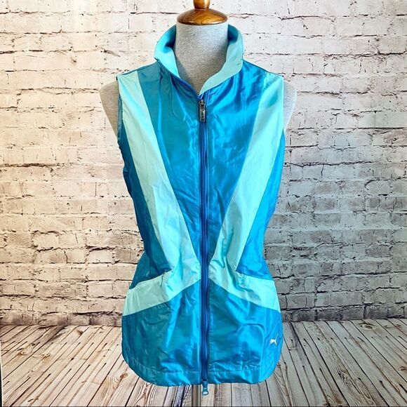 Puma Golf Wind Athletic Vest Blue Zip Front Anorak Cinch Waist Large - Picture 2 of 11